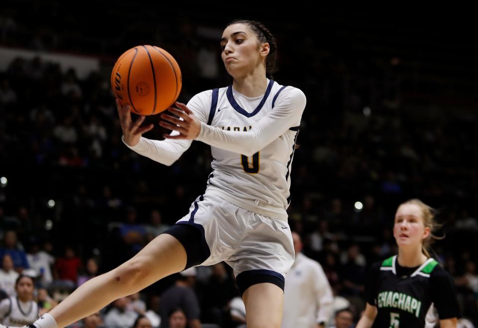 Monache's Milly Rojas with a drive against Tehachapi during their Central Section Division II high school girls basketball championship game at Selland Arena on Friday, Feb. 23, 2024 in Fresno, Calif. Monache won 41-37.