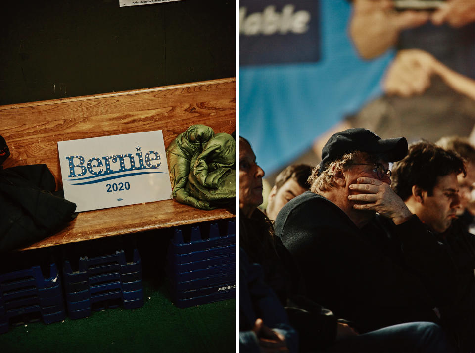 A sign at the Bernie Sanders 2020 Debate Watch Party; Michael Moore watches the debate in Manchester, N.H. | Tony Luong for TIME