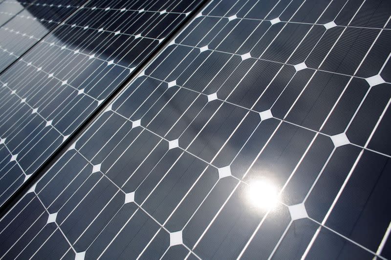 FILE PHOTO: The sun is reflected on a solar panel at a solar power field in Kawasaki, near Tokyo