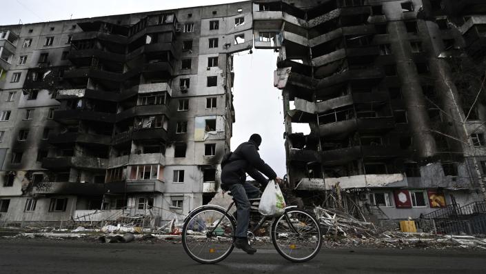 A destroyed building in the town of Borodianka, northwest of Kyiv