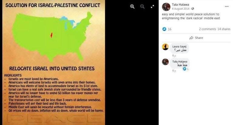 Tala Halawa's post calls for Israel to be relocated to the US