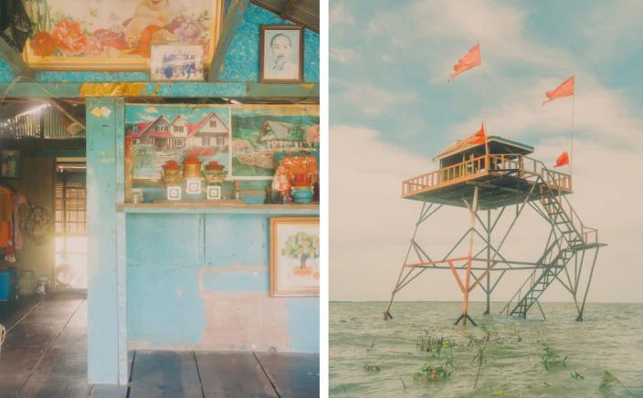 Left, Mr Seng’s home; right, a shrine for fishermen on the Tonle Sap (1854 x WaterAid: Once Beating Heart ©Calvin Chow 2022)