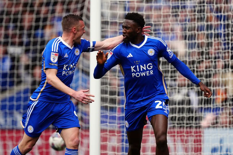Leicester City's Wilfred Ndidi celebrates scoring the opening goal against West Bromwich Albion with Jamie Vardy -Credit:PA