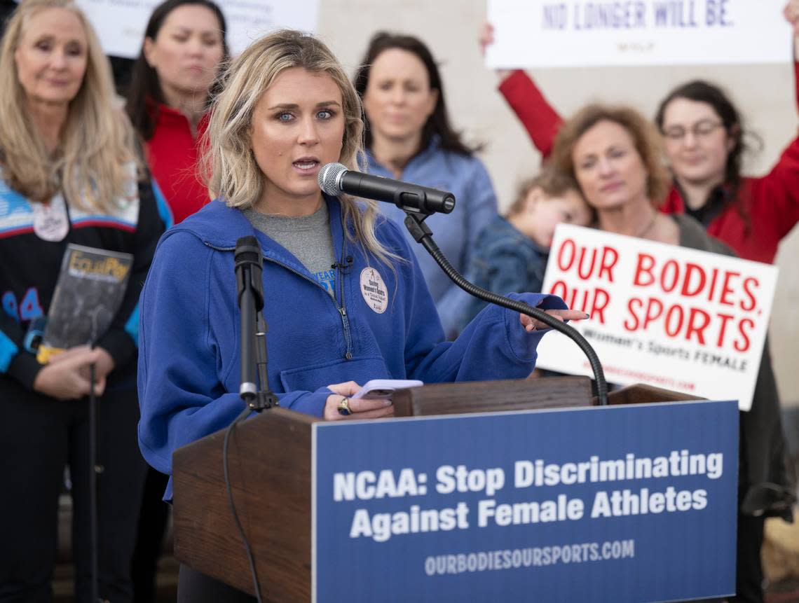 Former University of Kentucky swimmer Riley Gaines spoke during a rally on Jan. 12, 2023, outside of the NCAA Convention in San Antonio.