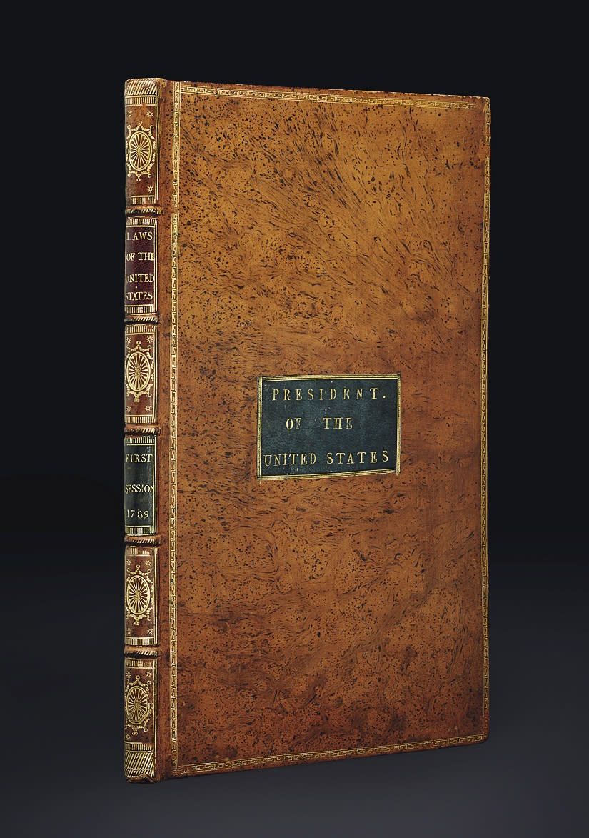 This undated photo provided by Christie's shows George Washington’s personal copy of the Acts of Congress, including the Constitution and draft Bill of Rights. On June 22, Christie’s New York will auction the volume which was specially printed and bound for Washington in 1789, his first year in office as first President of the United States. The estimate is $2-3million. (AP Photo/Christie's)