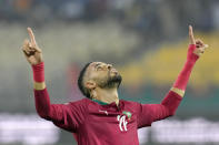 FILE - Morocco's Youssef En-Nesyri celebrates after scoring his team's first goal during the African Cup of Nations 2022 round of 16 soccer match between Morocco and Malawi at the Ahmadou Ahidjo stadium in Yaounde, Cameroon, Tuesday, Jan. 25, 2022. (AP Photo/Themba Hadebe, File)