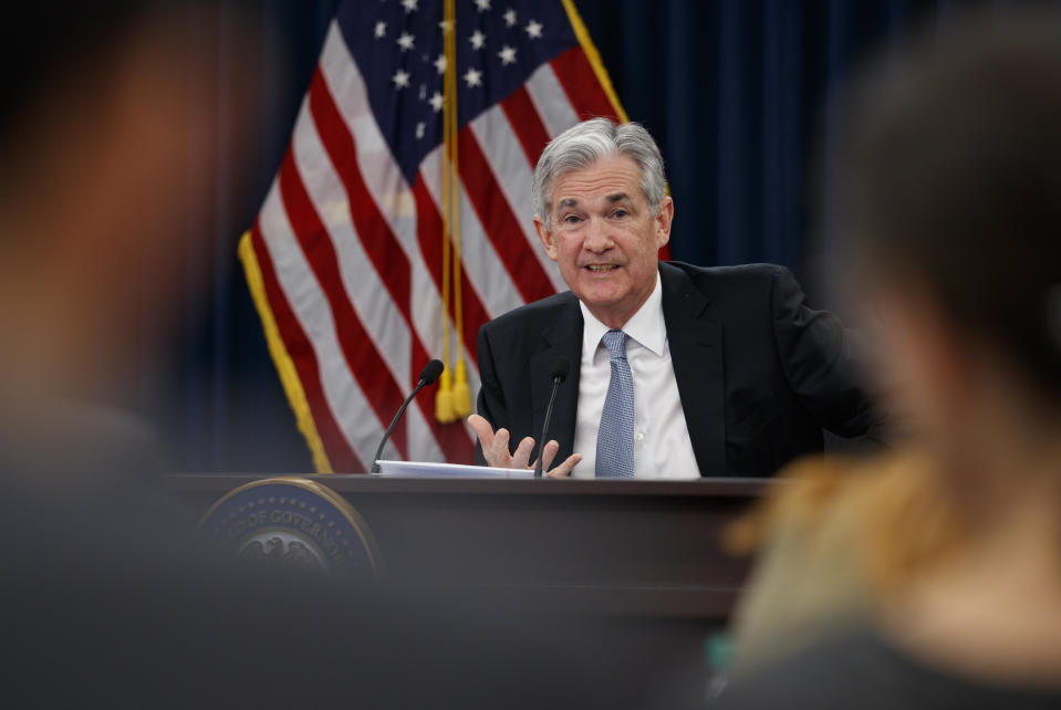 Federal Reserve Chairman Jerome Powell speaks following the Federal Open Market Committee meeting in Washington. Investors are eagerly awaiting the updated economic forecasts the Fed will issue when its meeting ends Wednesday, June 13. (AP Photo/Carolyn Kaster)