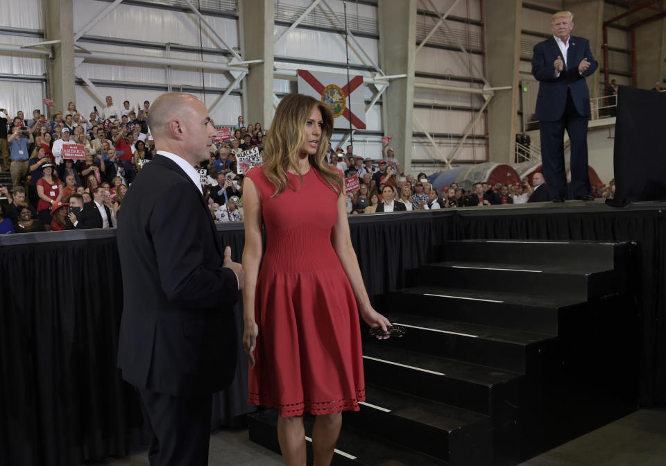 First Lady Melania Trump wearing Alexander McQueen on February 18.