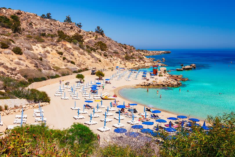 Beautiful landscape near of Nissi beach and Cavo Greco in Ayia Napa, Cyprus island, Mediterranean Sea. Amazing blue green sea and sunny day.