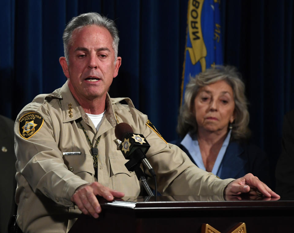 Las Vegas Sheriff Joe Lombardo and Rep. Dina Titus, D-Nev., at a news conference on Oct. 2 in Las Vegas. (Photo: Ethan Miller/Getty Images)