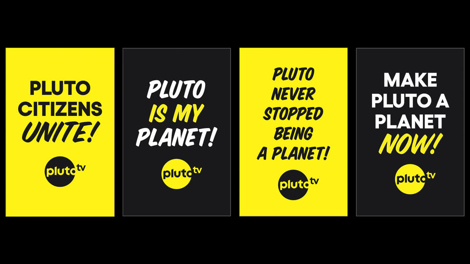 Planet Pluto Streikpostenschilder von Pluto TV.