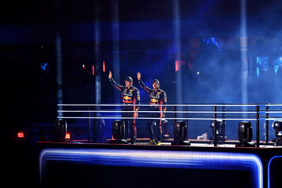 LAS VEGAS, NEVADA – NOVEMBER 15: Max Verstappen of the Netherlands and Oracle Red Bull Racing and Sergio Perez of Mexico and Oracle Red Bull Racing are introduced at the Opening Ceremony during previews ahead of the F1 Grand Prix of Las Vegas at Las Vegas Strip Circuit on November 15, 2023 in Las Vegas, Nevada. (Photo by Mindy Small – Formula 1/Formula 1 via Getty Images)