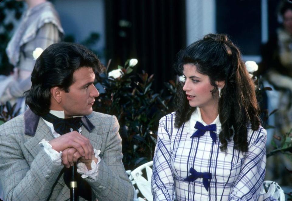 Patrick Swayze and Kirstie Alley on the set of <em>North and South</em>