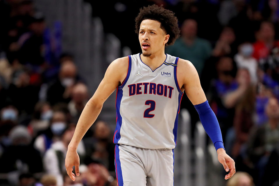 Cade Cunningham #2 of the Detroit Pistons looks on in the second half against the Toronto Raptors at Little Caesars Arena on January 14, 2022 in Detroit, Michigan.  NOTE TO USER: User expressly acknowledges and agrees that, by downloading and or using this photograph, User is consenting to the terms and conditions of the Getty Images License Agreement. (Photo by Mike Mulholland/Getty Images)