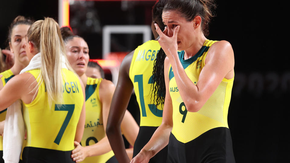 The Opals were shattered after their heavy loss to Team USA in the quarter finals at the Tokyo Olympics. (Photo by Gregory Shamus/Getty Images)