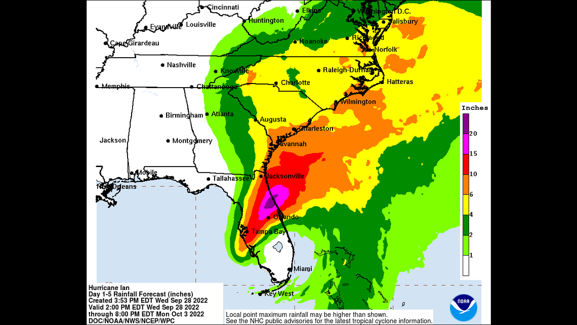 Five to 8 inches of rain is expected across much of the North Carolina coast, and the stretch from Wilmington north to Cape Lookout National Seashore could see 10 inches.