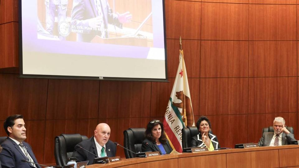 Supervisors from the left, Jimmy Paulding, John Peschong , Debbie Arnold, Dawn Ortiz-Legg and Bruce Gibson at the San Luis Obispo County Board of Supervisors meeting on May 21, 2024.