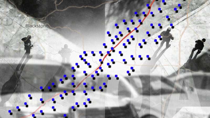 Shadowy figures stand against the background that is patterned with darker and lighter shadowing while a red line weaves diagonally across the image with blue spots on either side with faint map markings across the entire image and the outline of the letters FOIA in the lower right corner