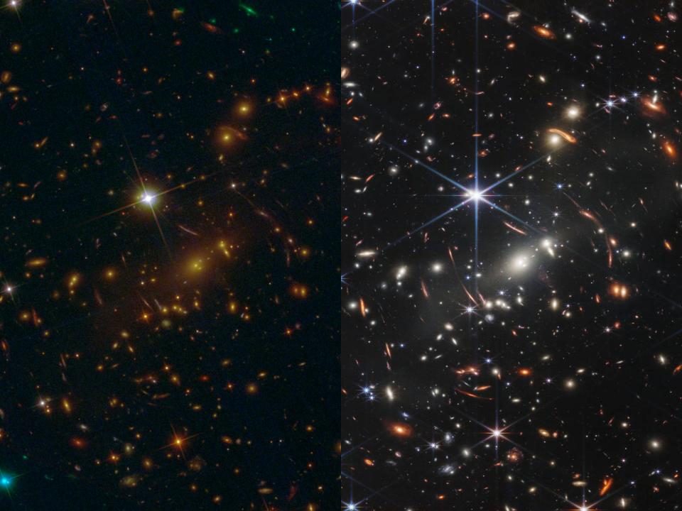 A collage shows pictures from the Hubble and the James Webb space telescopes side by side