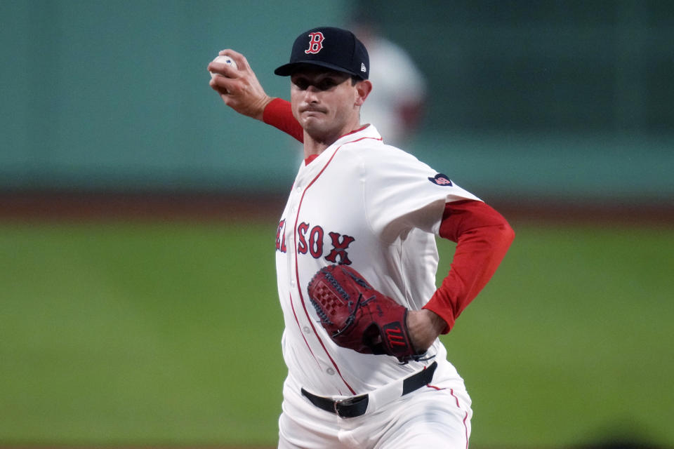 Boston Red Sox pitcher Garrett Whitlock delivers during the first inning of the team's baseball game against the Baltimore Orioles, Thursday, April 11, 2024, in Boston. (AP Photo/Charles Krupa)