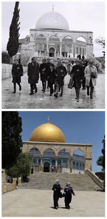 A combination picture shows the Hearst Junior Diplomats walking in front of the Dome of the Rock on the compound known to Muslims as Noble Sanctuary and to Jews as Temple Mount, in Jerusalem's Old City, in this Government Press Office handout photo, taken December 24, 1967 (top) and Palestinians walking in the same location May 17, 2017. REUTERS/Moshe Milner/Government Press Office/Handout via Reuters (top)/Ammar Awad