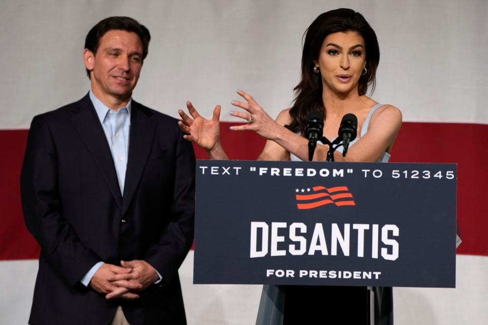 Republican presidential candidate Florida Gov. Ron DeSantis listens to his wife Casey speak during a campaign event, Tuesday, May 30, 2023, in Clive, Iowa. (AP Photo/Charlie Neibergall)