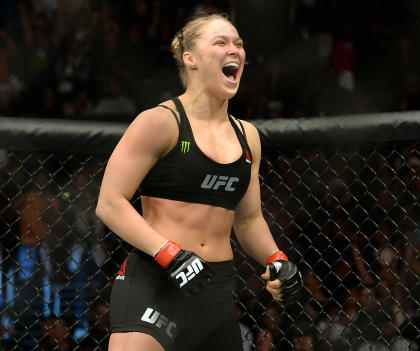 Ronda Rousey reacts after defeating Cat Zingano (not pictured) on Saturday at UFC 184. (USAT)