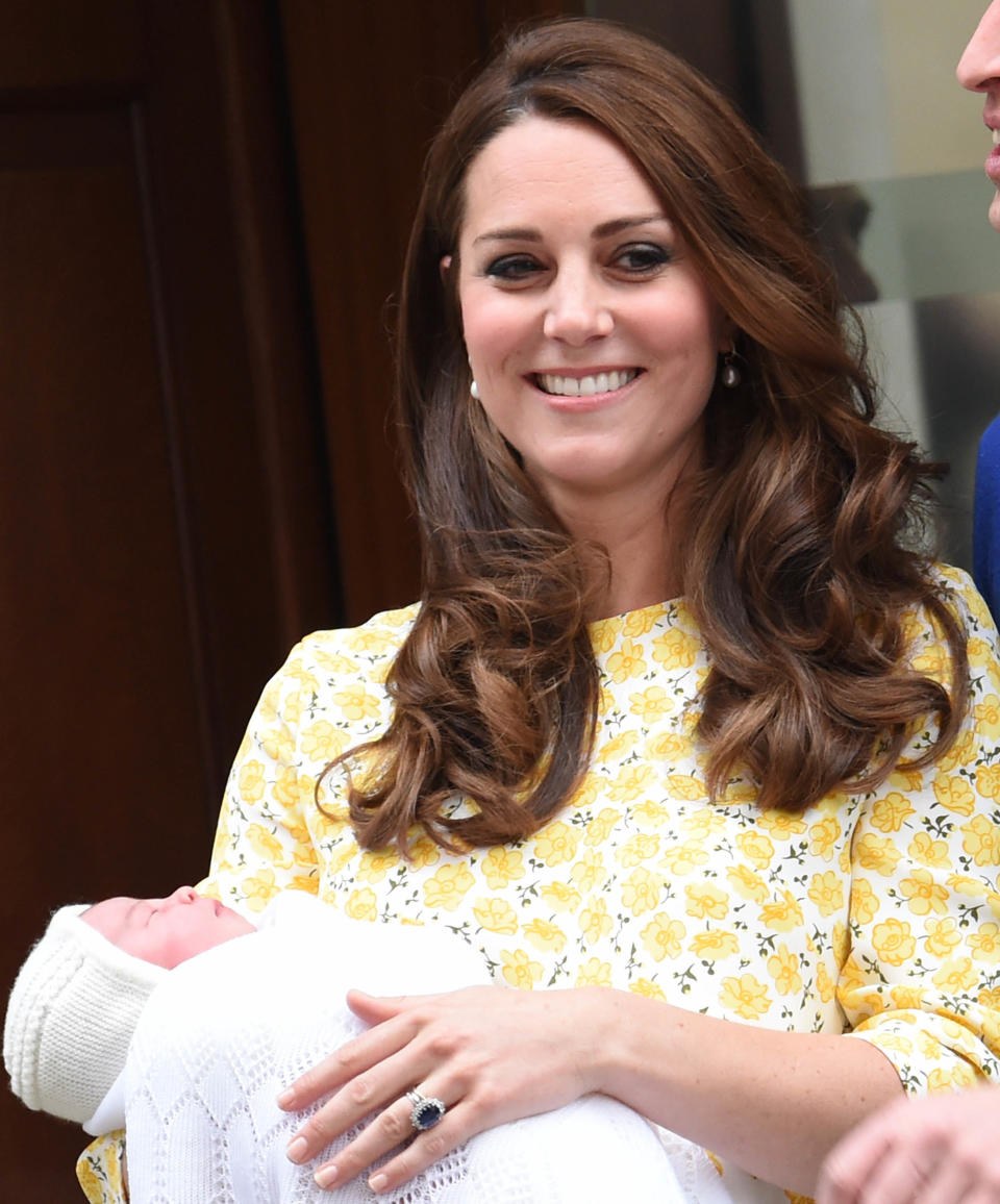 Photo by: KGC-03/STAR MAX/IPx 5/2/15 The Princess of Cambridge is seen outside the Lindo Wing of St. Mary's Hospital with her parents Prince William The Duke of Cambridge and Catherine The Duchess of Cambridge.  The Princess was born on Saturday, May 2nd, 2015 at 8:34 AM weighing 8lbs. 3oz. (Star Max/IPX via AP Images)