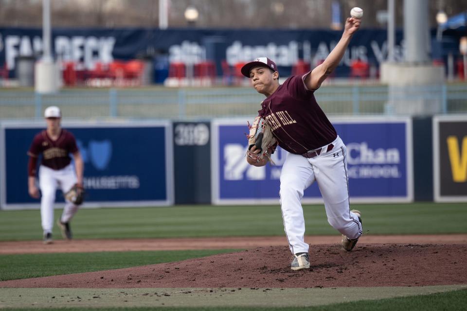 Shepherd Hill's Angel Paulino throws a pitch during Monday's game against Worcester Tech at Polar Park. Paulino went on to throw a no-hitter.