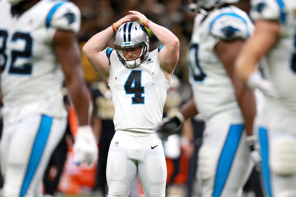 Joey Slye of the Carolina Panthers reacts after missing a field goal during a NFL game against the New Orleans Saints at the Mercedes Benz Superdome on November 24, 2019 in New Orleans, Louisiana.