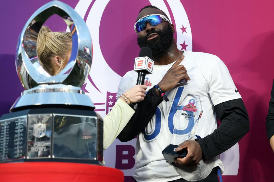 NFC linebacker Demario Davis (56) of the New Orlean Saints reacts after being named defensive player of the game after the 2024 Pro Bowl at Camping World Stadium in Orlando.