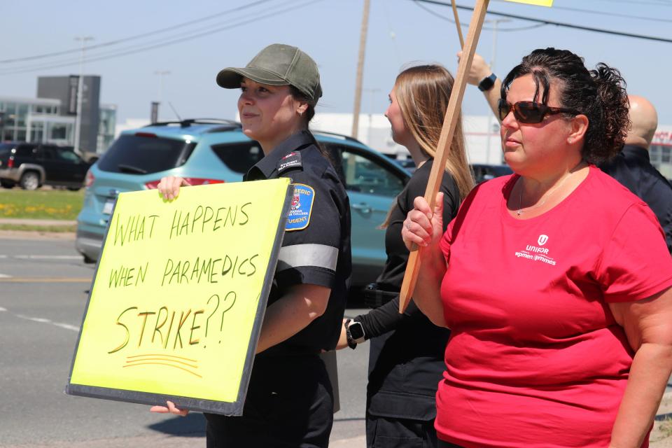 Sault Ste. Marie paramedics, alongside some students in training, occupy the intersection of Great Northern Road and Lukenda Drive Tuesday afternoon to air their grievances over wages and other pitfalls associated with the job. The local paramedics' union and employer are currently negotiating a new contract, with the last agreement having expired on April 1, 2023.