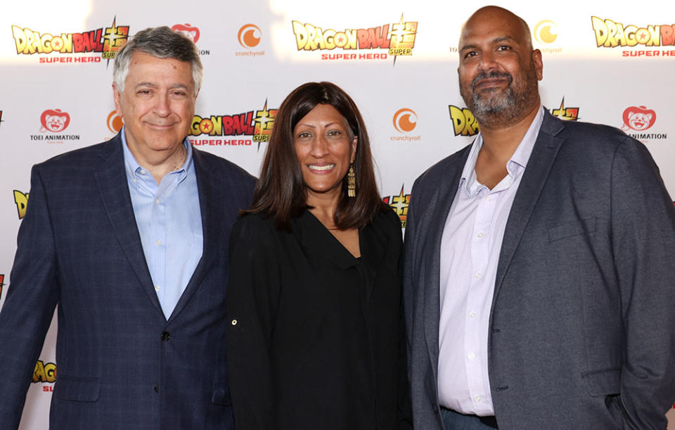 Tony Vinciquerra, Chairperson of Sony Pictures Entertainment, Gita Rebbapragada and Rahul Purini attend the North American Premiere of Crunchyroll's "Dragon Ball Super: Super Hero" at Academy Museum of Motion Pictures on August 10, 2022 in Los Angeles, California.