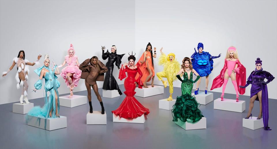 The line-up for the second series of RuPaul's Drag Race UK, l-r, Tayce, A'Whora, Ellie Diamond, Asttina Mandella, Joe Black, Cherry Valentine, Tia Kofi, Ginny Lemon, Veronica Green, Sister Sister, Bimini Bon-Boulash and Lawrence Chaney - Ray Burmiston