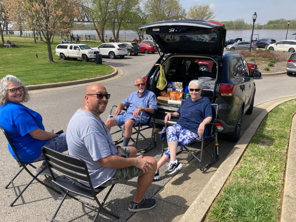 Group from Madisonville, Kentucky, set up with Sun Chips, Moon Pies and Mr. B’s pizza in Red Banks Park. The watched 2017 eclipse in totality in Nortonville but wanted another shot at better photos. In the group: Assunta Bowles (original from Puerto Rico), Jessie Bowles, Laurie Esquilun, Carlos Esquilin.