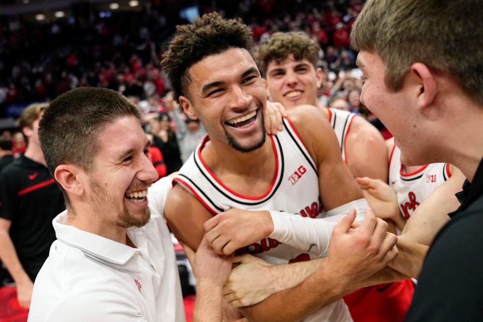 Ohio State's Tanner Holden celebrates his winning shot against Rutgers.