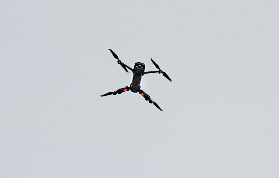 A state police drone flies over Fort Adams during a practice run.