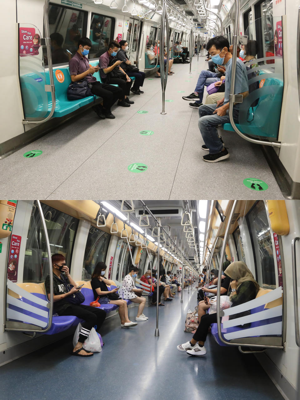 SINGAPORE - JUNE 02:  (EDITORS NOTE: Image is a digital composite) In this composite image, commuters ride the train on April 16, 2020 (Top- Image Number 1210095133) and on June 2, 2020 (Bottom) before and after the government implemented a social distancing stickers and markers on board the public train. The authority decided to remove all safe distancing stickers and markers from trains and buses as they deemed it is too challenging for commuters to keep their social distance. Today, Singapore embarks on phase one of a three phase approach against the coronavirus (COVID-19) pandemic as it begins to ease the partial lockdown measures by allowing the safe re-opening of economic activities which do not pose high risk of transmission. This include the resumption of selected health services, re-opening of schools with school children attending schools on rotational basis, manufacturing and production facilities, construction sites that adhere to safety measures, finance and information services that do not require interactions and places of worship, amongst others. Retail outlets, social and entertainment activities will remain closed and dining in at food and beverage outlets will still be disallowed. The government will further ease restriction by the middle of June if the infection rate within the community remains low over the next two weeks.(Photo by Suhaimi Abdullah/Getty Images)