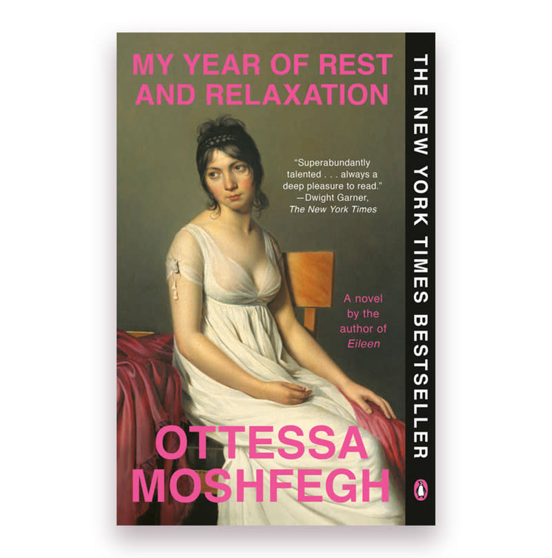 The book cover for "My Year of Rest and Relaxation" by Ottessa Moshfegh. A woman painted in a Renaissance style with bright pink lettering