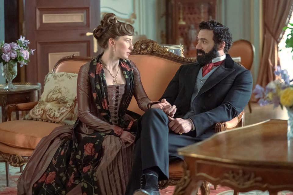 Carrie Coon and Morgan Spector as Bertha and George Russell in "The Gilded Age."