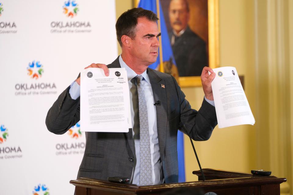 Oklahoma Gov. Kevin Stitt responds Monday to the Legislature overriding his vetoes of the tribal compacts.