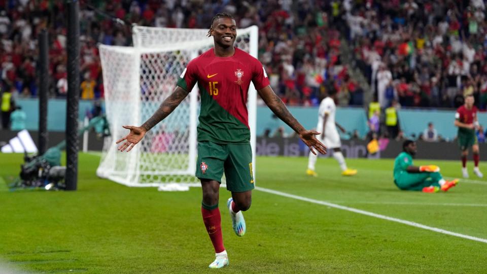 Portugal's Rafael Leao celebrates after scoring a goal during the World Cup group H football match between Portugal and Ghana, at the Stadium 974 in Doha, Qatar, Thursday, Nov. 24, 2022. (AP Photo/Manu Fernandez)