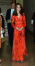 <p>Kate honoured Bhutan by wearing a dress covered in the country’s national flower; the poppy. <br><em>[Photo: PA]</em> </p>