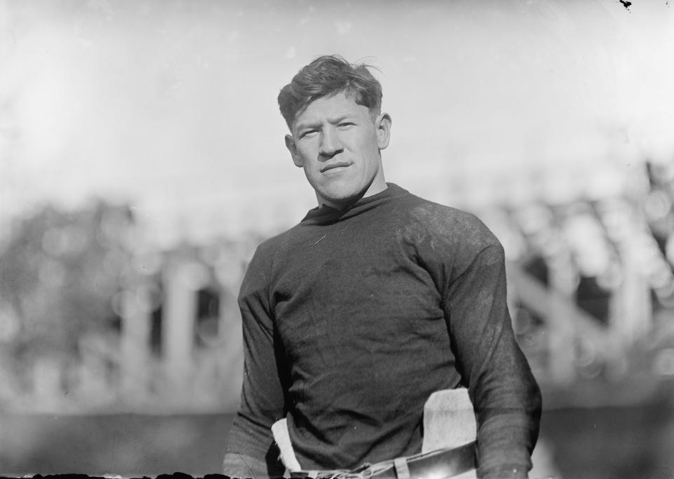 View of American football player Jim Thorpe, circa 1910. (Photo by PhotoQuest/Getty Images)