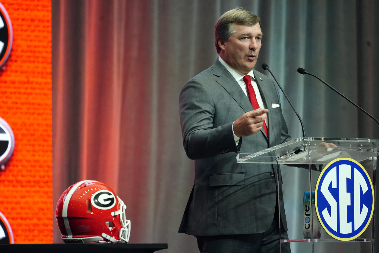 Georgia head coach Kirby Smart speaks during NCAA college football Southeastern Conference Media Days, Wednesday, July 20, 2022, in Atlanta. (AP Photo/John Bazemore)