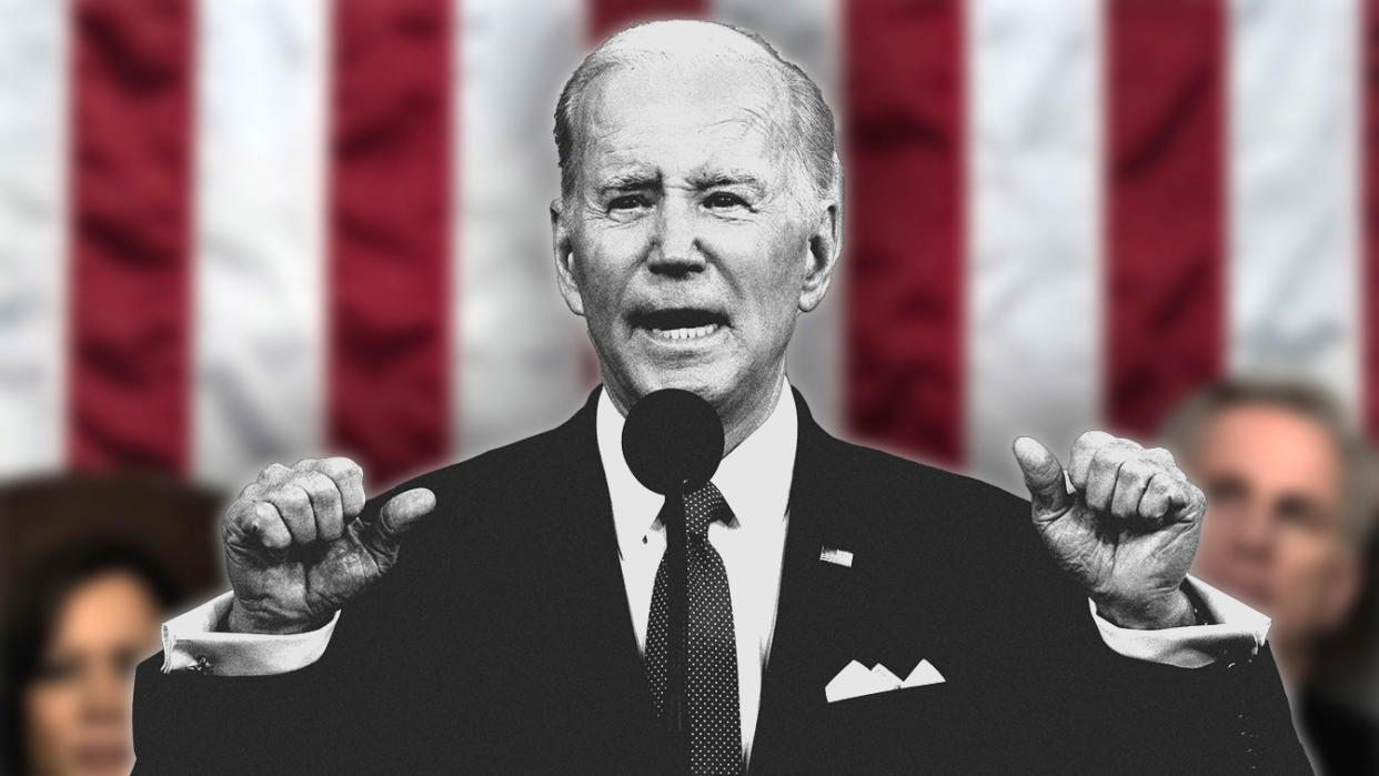 President Biden gives his State of the Union address on Tuesday. (Photo illustration: Kelli R. Grant/Yahoo News; photo: Jacquelyn Martin/Pool via Getty Images)