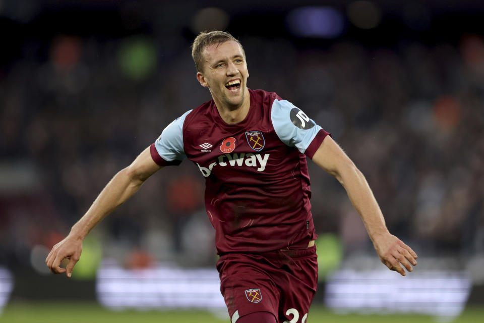 West Ham United's Tomas Soucek celebrates after scoring their side's third goal during the Premier League match between West Ham United and Nottingham Forest at the London Stadium, London, Sunday Nov. 12, 2023. (Nigel French/PA via AP)