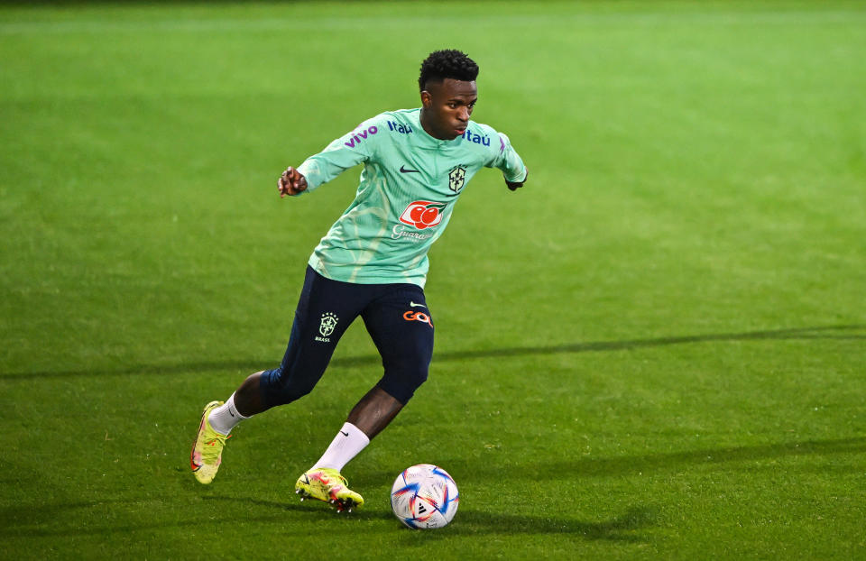 TURIN, ITALY - NOVEMBER 16: Vinicius Junior of Brazil during the Brazil Training Session at Juventus Training Center on November 16, 2022 in Turin, Italy. (Photo by Chris Ricco/Getty Images)