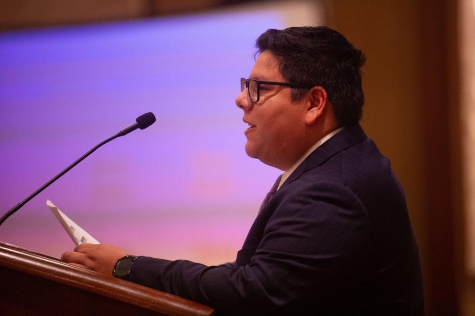 Knox County GOP chair Daniel Herrera reads off primary winners May 3 during the GOP election watch party at the Crowne Plaza.