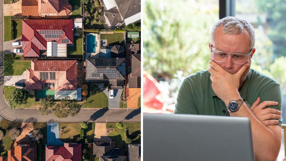 houses from above and man on computer